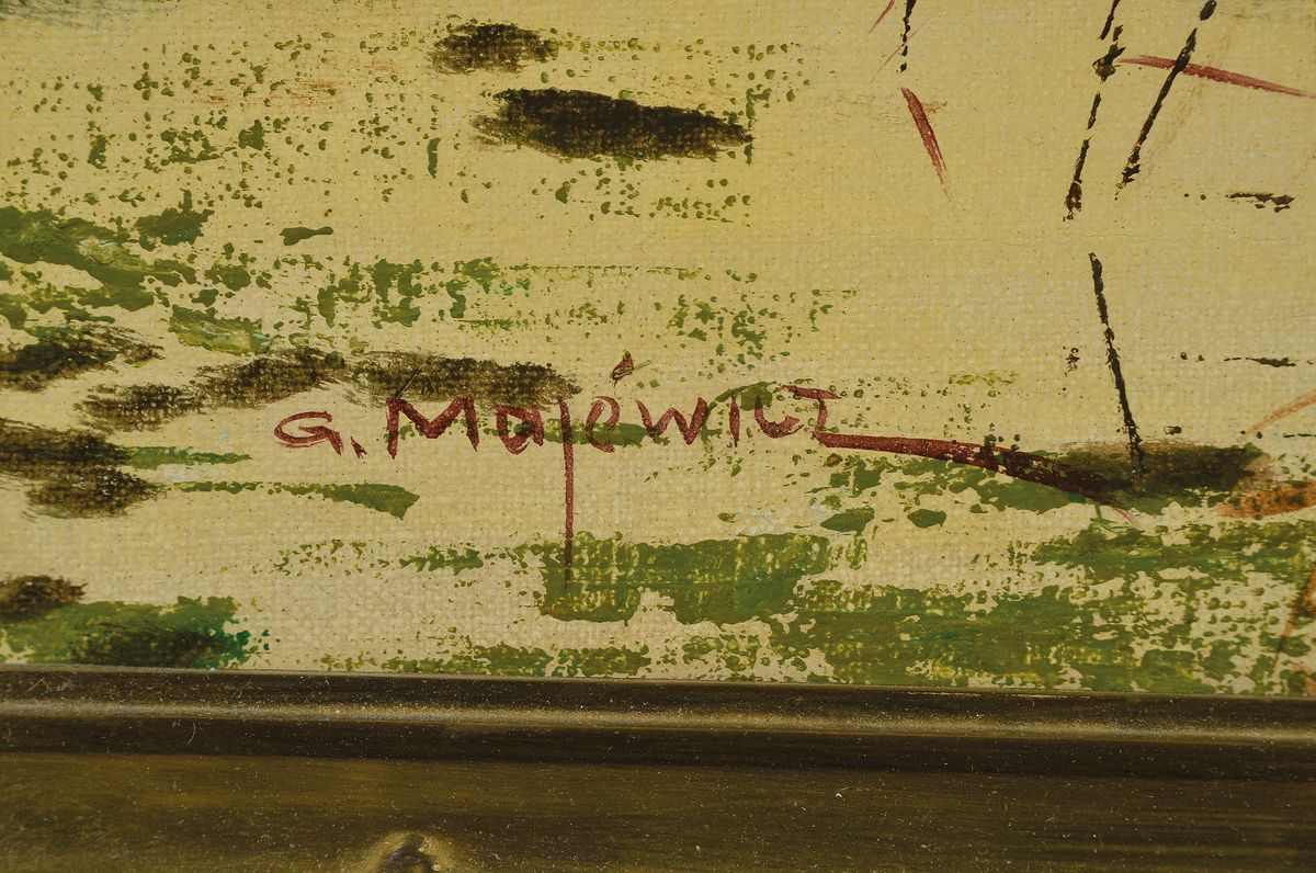 Detail a: Georg Majewicz, 1897 Polkwitz-1965 Münchberg, bekannter deutscher Tier- und Landschaftsmaler, war tätig in Berlin, hier: Auffliegende Enten über ...