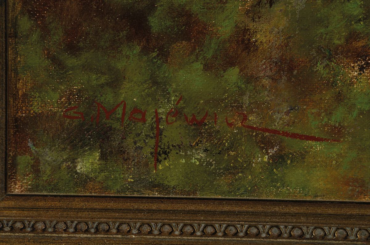 Detail a: Georg Majewicz, 1897 Polkwitz-1965 Münchberg, bekannter deutscher Tier- und Landschaftsmaler, war tätig in Berlin, hier: Birkhahn balz auf einer ...
