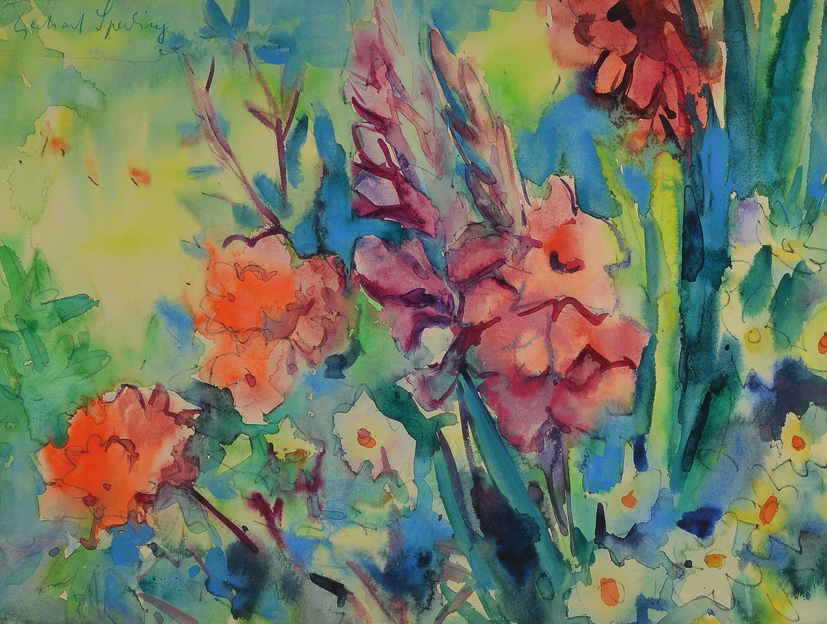 Gerhard Sperling, 1908-1975, 2 Aquarelle: Rittersporn im Garten und Schwertlilien, Aquarelle auf Papier, ca. 45x60cm bzw. 60x45 cm, beide PP, u.Gl., ...