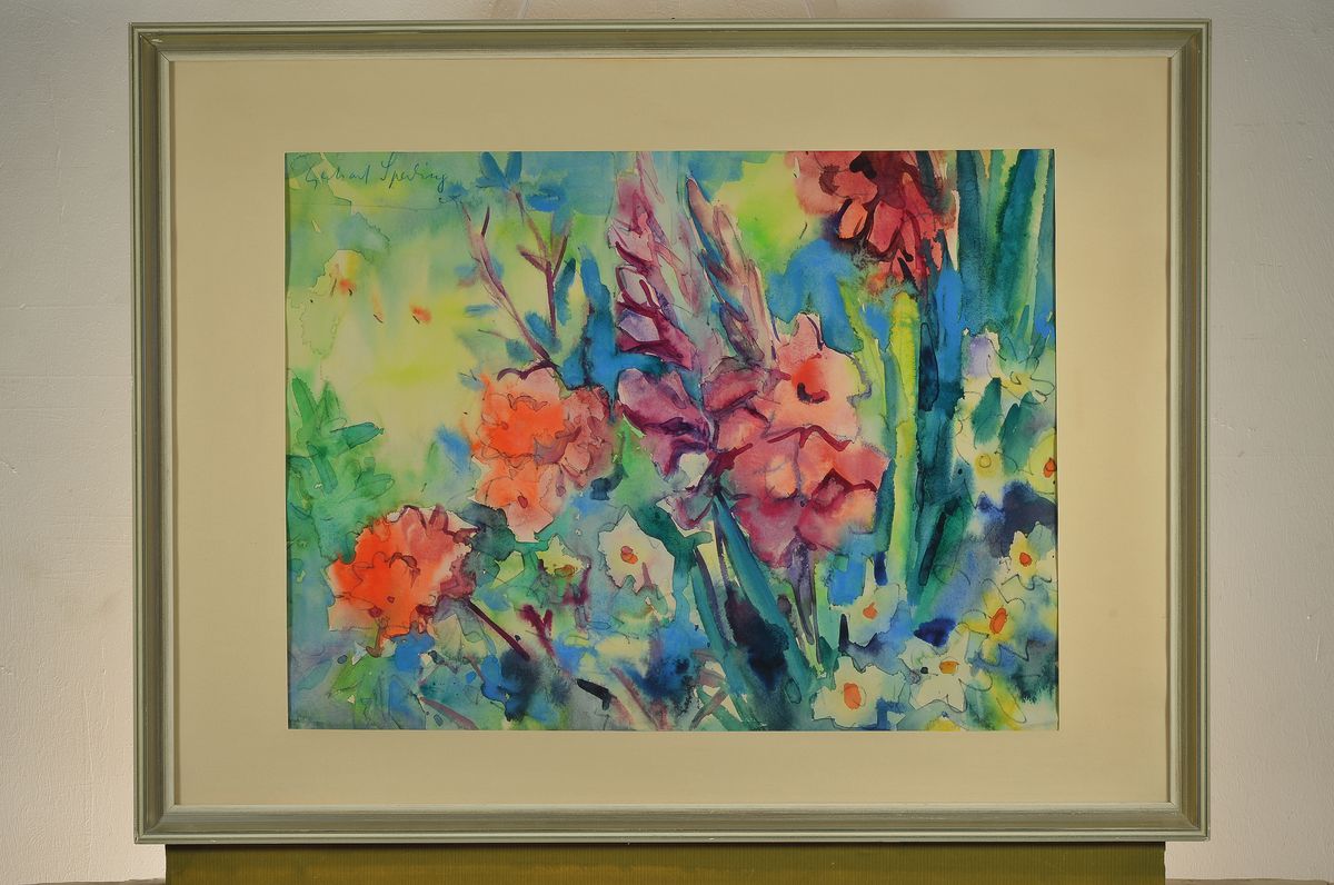 Detail k: Gerhard Sperling, 1908-1975, 2 Aquarelle: Rittersporn im Garten und Schwertlilien, Aquarelle auf Papier, ca. 45x60cm bzw. 60x45 cm, beide PP, u.Gl., ...