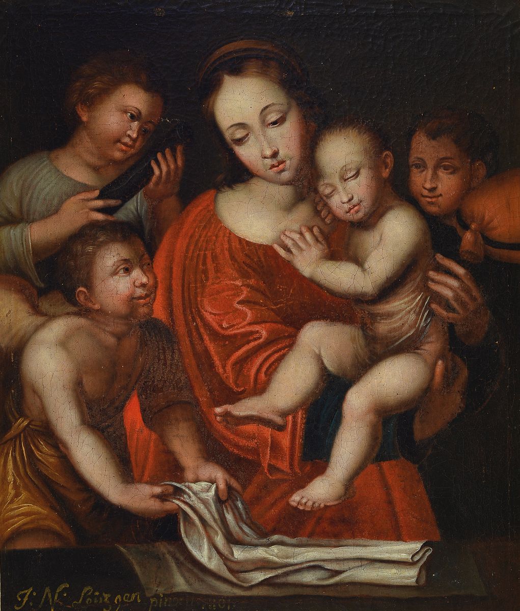 Johannes Leutzgen, Maler aus Graach, 18. Jh., hier: Mutter Gottes mit Jesuskind und dem Johannesknaben, Öl/Lwd, re. u. signiert und dat. 1801, ...