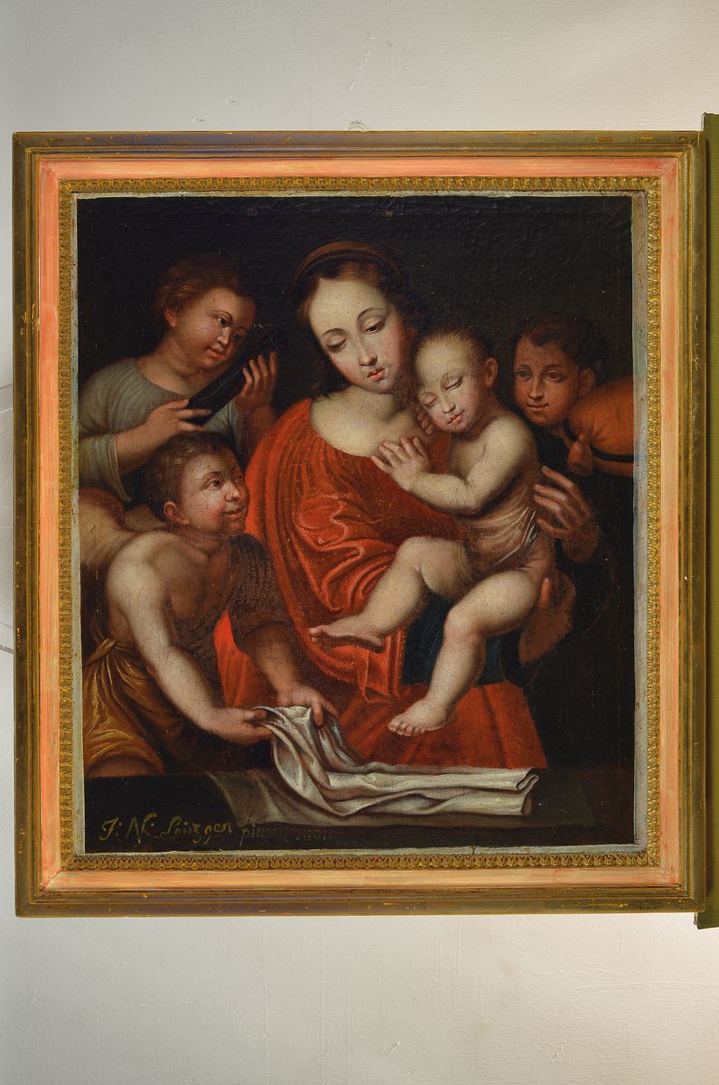 Detail k: Johannes Leutzgen, Maler aus Graach, 18. Jh., hier: Mutter Gottes mit Jesuskind und dem Johannesknaben, Öl/Lwd, re. u. signiert und dat. 1801, ...