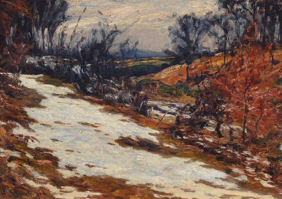 Alfred Rasenberger, 1885-1948 Düsseldorf, "Niederrheinische Winterlandschaft", Öl/Karton, links unten signiert, ca. 40,5x58cm, u.Gl., R. ...
