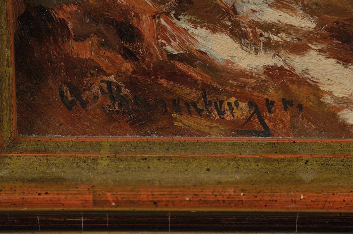 Detail a: Alfred Rasenberger, 1885-1948 Düsseldorf, "Niederrheinische Winterlandschaft", Öl/Karton, links unten signiert, ca. 40,5x58cm, u.Gl., R. ...