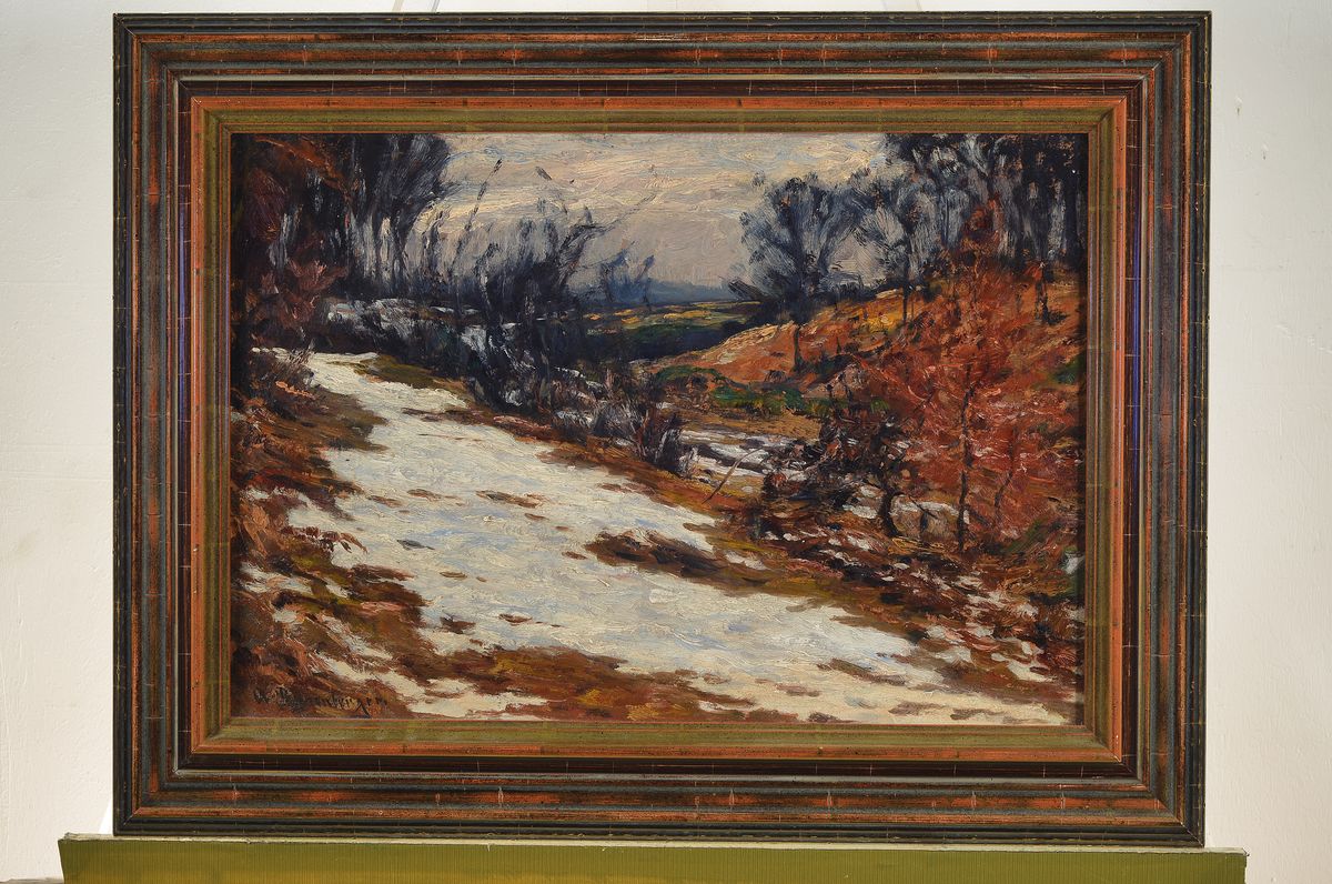 Detail k: Alfred Rasenberger, 1885-1948 Düsseldorf, "Niederrheinische Winterlandschaft", Öl/Karton, links unten signiert, ca. 40,5x58cm, u.Gl., R. ...