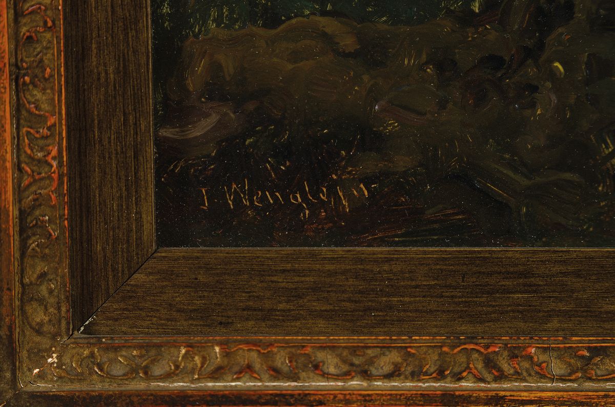 Detail a: Josef Wenglein, 1845 München-1919 Bad Tölz, Kleine Waldstudie, Öl/Malkarton, links unten signiert, ca. 28x42 cm, u.Gl., R. ca. 46x60cm, R. leicht ...