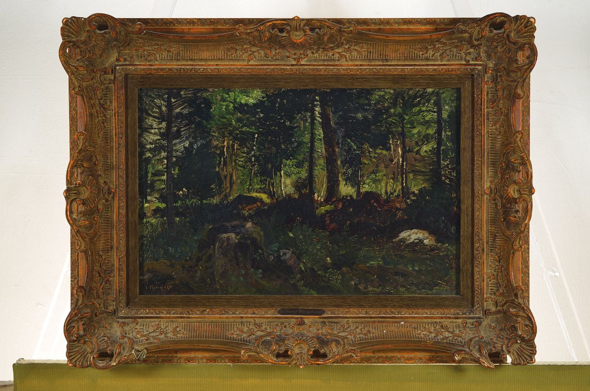 Detail k: Josef Wenglein, 1845 München-1919 Bad Tölz, Kleine Waldstudie, Öl/Malkarton, links unten signiert, ca. 28x42 cm, u.Gl., R. ca. 46x60cm, R. leicht ...