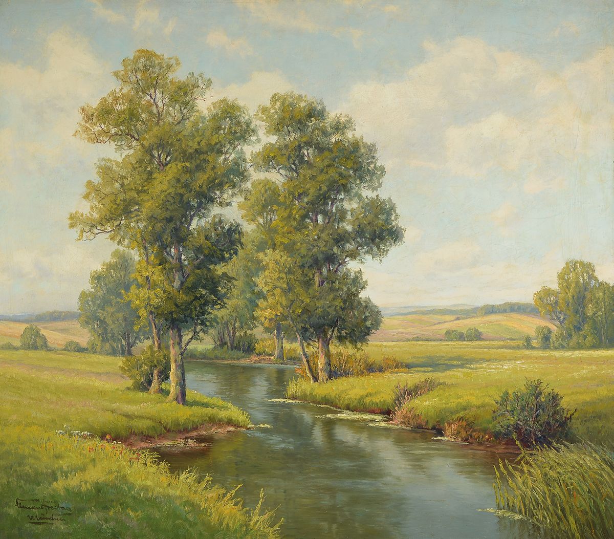 Clemens Freitag, 1883-1969, Wiesenlandschaft mit Baum bestandenem Bachlauf, Öl/Lwd, links unten signiert und bez. München, ca. 70x80cm/88x98cm, R.