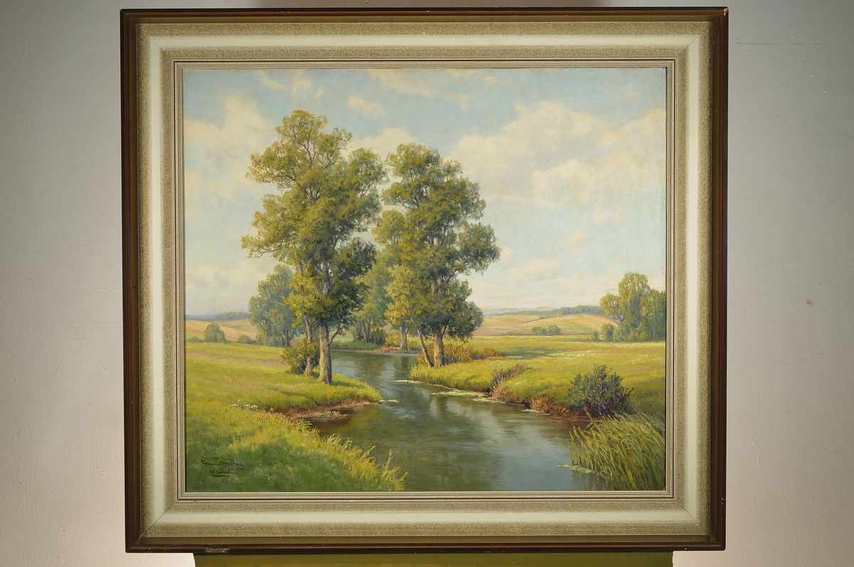 Detail k: Clemens Freitag, 1883-1969, Wiesenlandschaft mit Baum bestandenem Bachlauf, Öl/Lwd, links unten signiert und bez. München, ca. 70x80cm/88x98cm, R.
