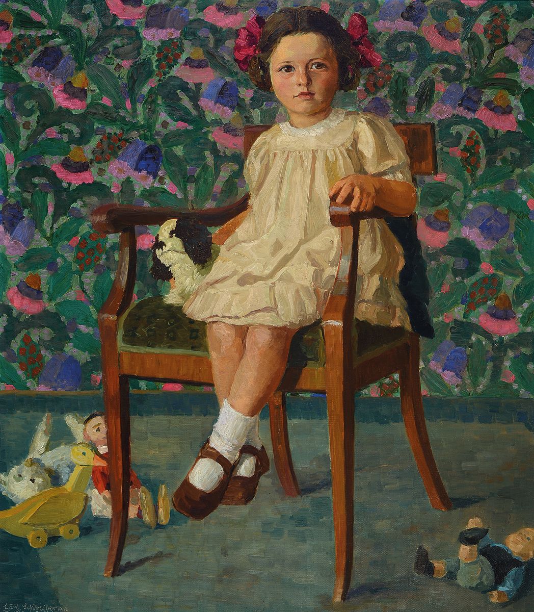 Carl Schreiber, deutscher Maler des 19./20. Jahrhunderts, Mädchen mit Hund auf Stuhl sitzend, im Hintergrund Spielzeugpuppen, Öl/Lwd, links unten ...