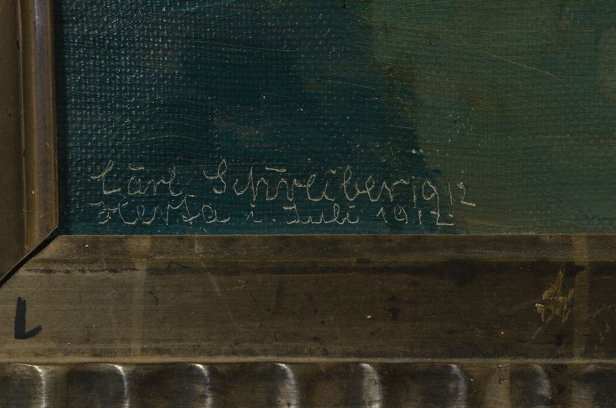 Detail a: Carl Schreiber, deutscher Maler des 19./20. Jahrhunderts, Mädchen mit Hund auf Stuhl sitzend, im Hintergrund Spielzeugpuppen, Öl/Lwd, links unten ...