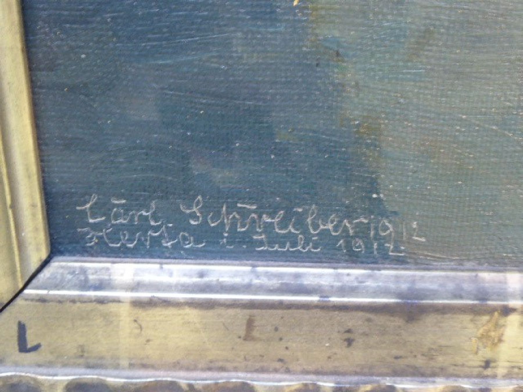 Detail d: Carl Schreiber, deutscher Maler des 19./20. Jahrhunderts, Mädchen mit Hund auf Stuhl sitzend, im Hintergrund Spielzeugpuppen, Öl/Lwd, links unten ...