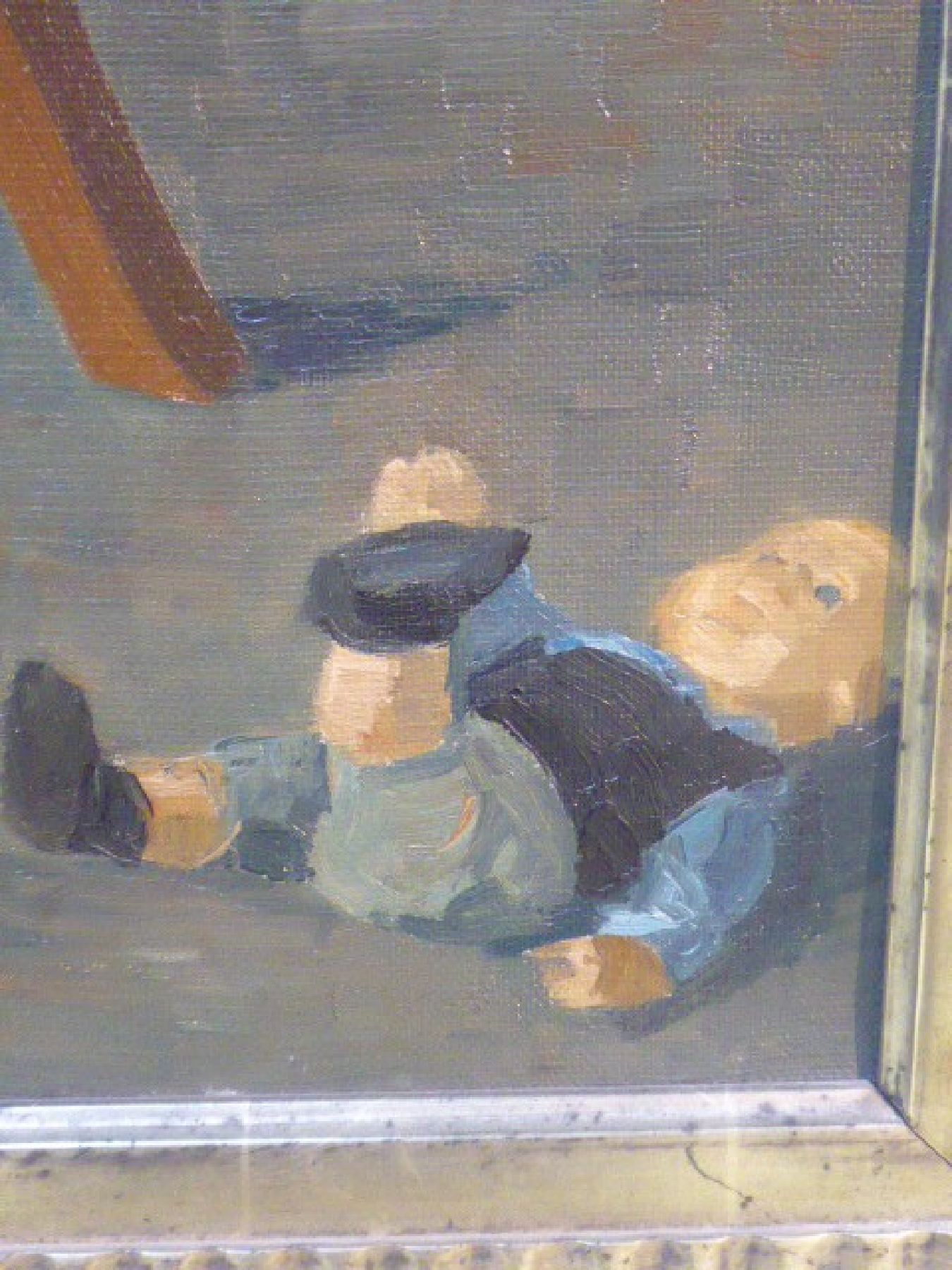 Detail e: Carl Schreiber, deutscher Maler des 19./20. Jahrhunderts, Mädchen mit Hund auf Stuhl sitzend, im Hintergrund Spielzeugpuppen, Öl/Lwd, links unten ...