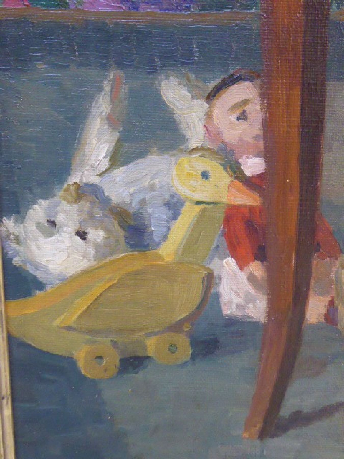 Detail f: Carl Schreiber, deutscher Maler des 19./20. Jahrhunderts, Mädchen mit Hund auf Stuhl sitzend, im Hintergrund Spielzeugpuppen, Öl/Lwd, links unten ...