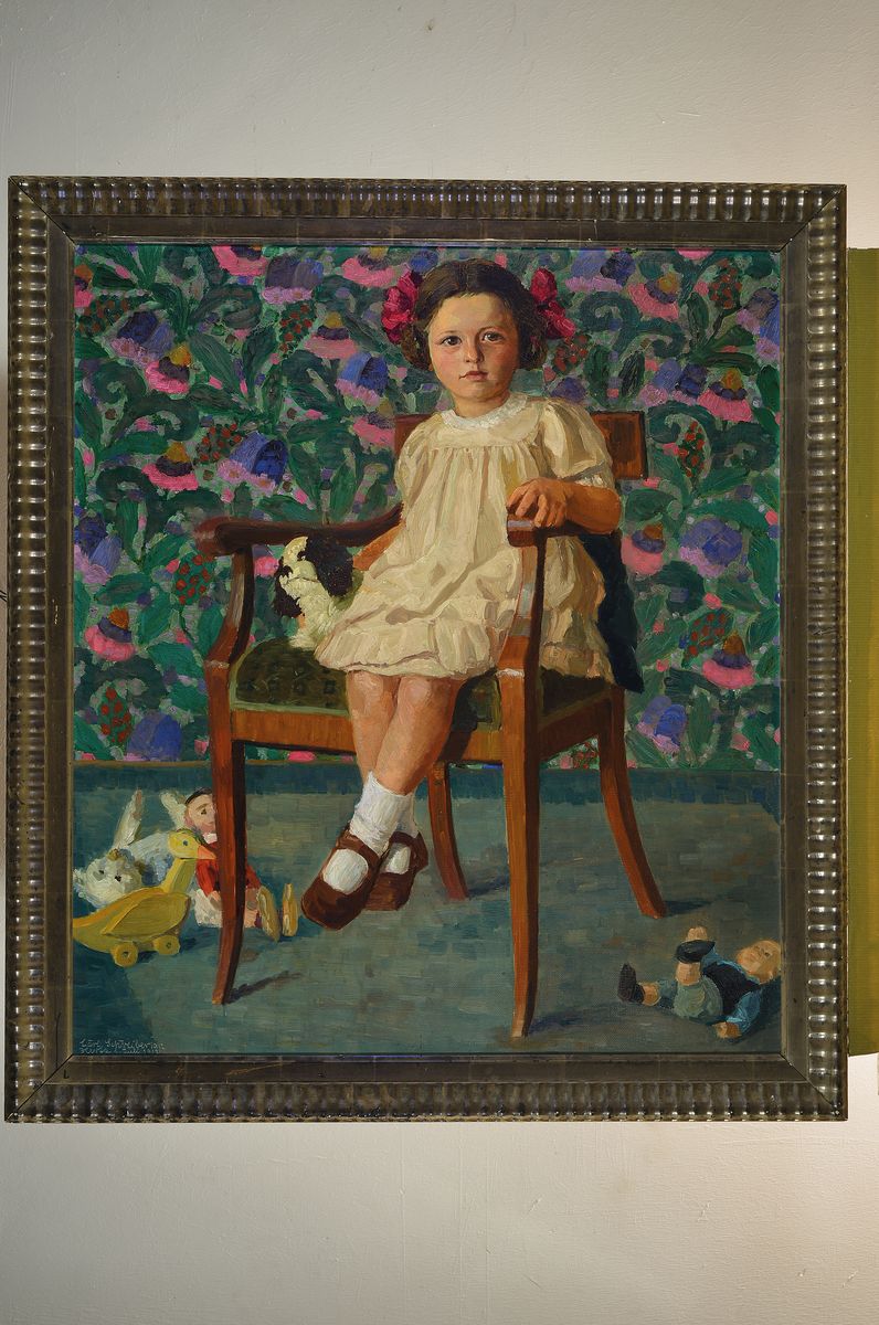 Detail k: Carl Schreiber, deutscher Maler des 19./20. Jahrhunderts, Mädchen mit Hund auf Stuhl sitzend, im Hintergrund Spielzeugpuppen, Öl/Lwd, links unten ...