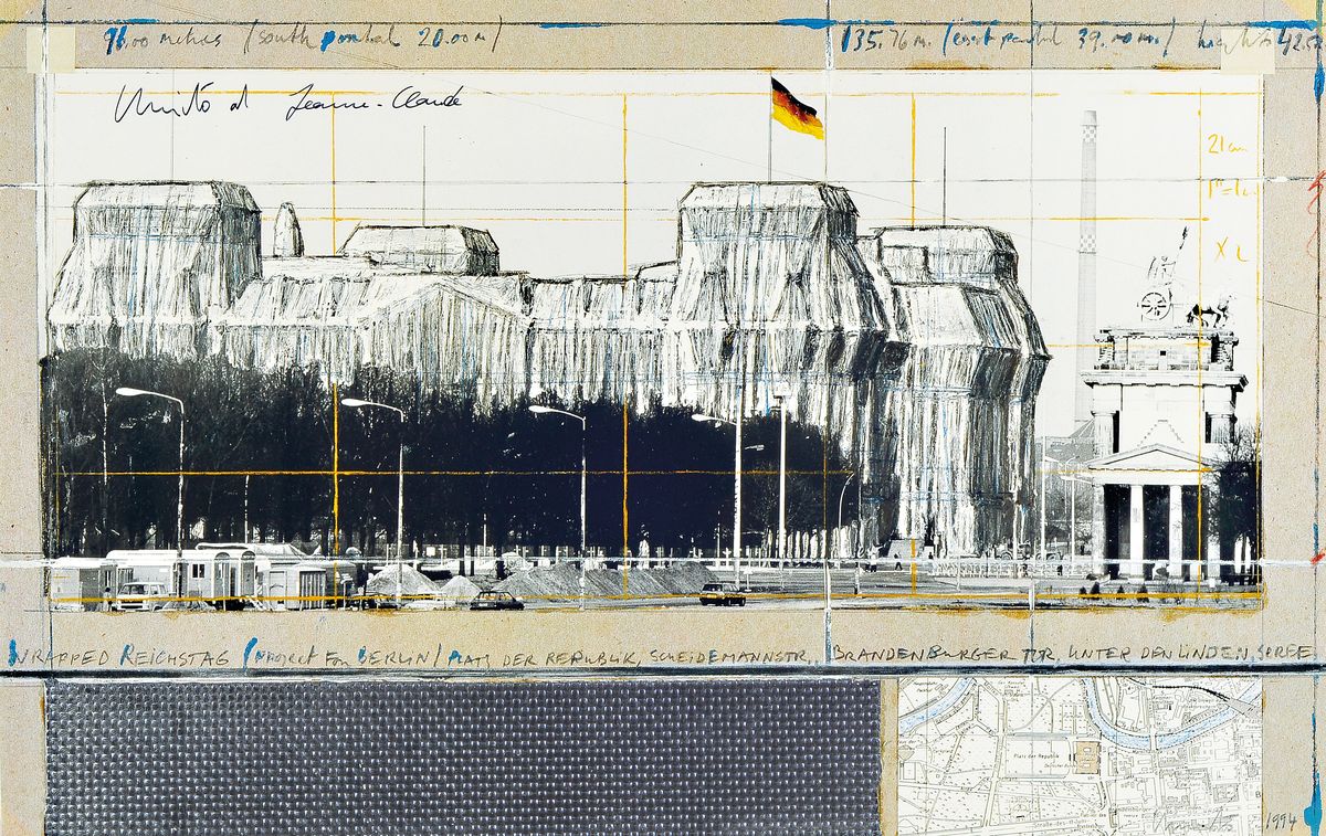 Christo und Jeanne Claude, geb. 1935, "Wrapped Reichstag",Farboffset auf Karton, von beiden Künstlern handsigniert, zwischen doppeltem ...