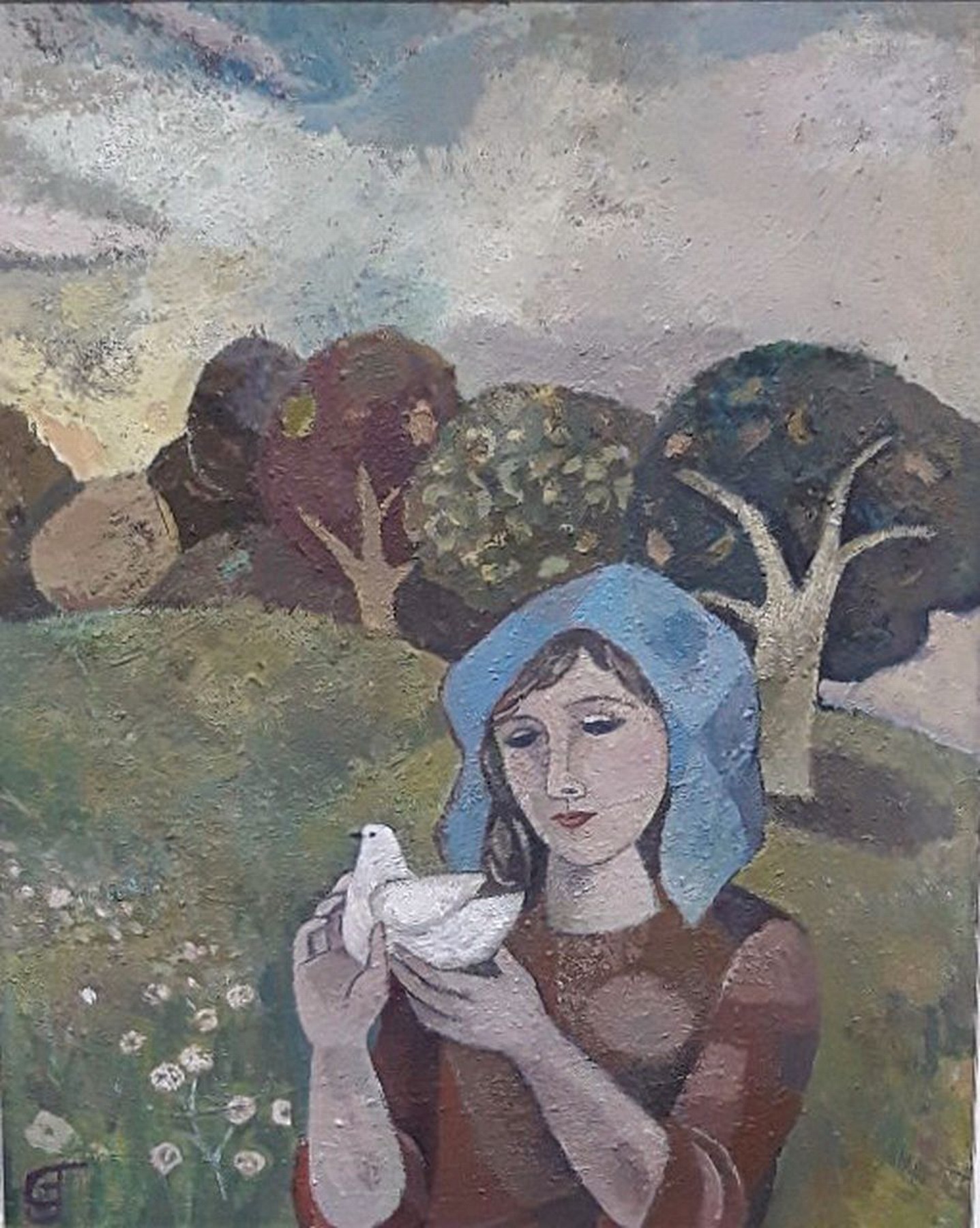 Gwyneth Johnstone,geb. 1915, Bäuerin mit Taube, Öl/Malplatte, li. u. monogrammiert GJ, ca. 65 x 52 cm, Rahmen