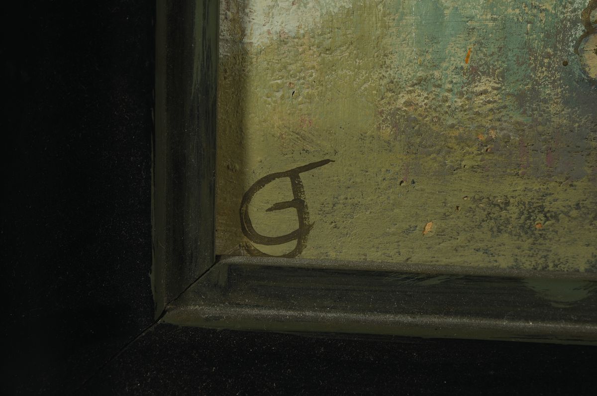 Detail a: Gwaneth Johnstone, junge Frau in hügeliger Landschaft, Öl/Lwd, monogrammiert GJ, ca. 38 x 45 cm, Rahmen