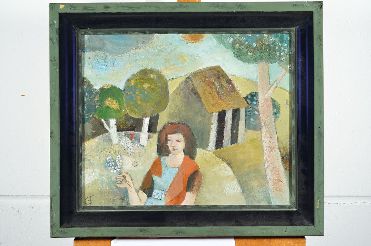 Detail k: Gwaneth Johnstone, junge Frau in hügeliger Landschaft, Öl/Lwd, monogrammiert GJ, ca. 38 x 45 cm, Rahmen