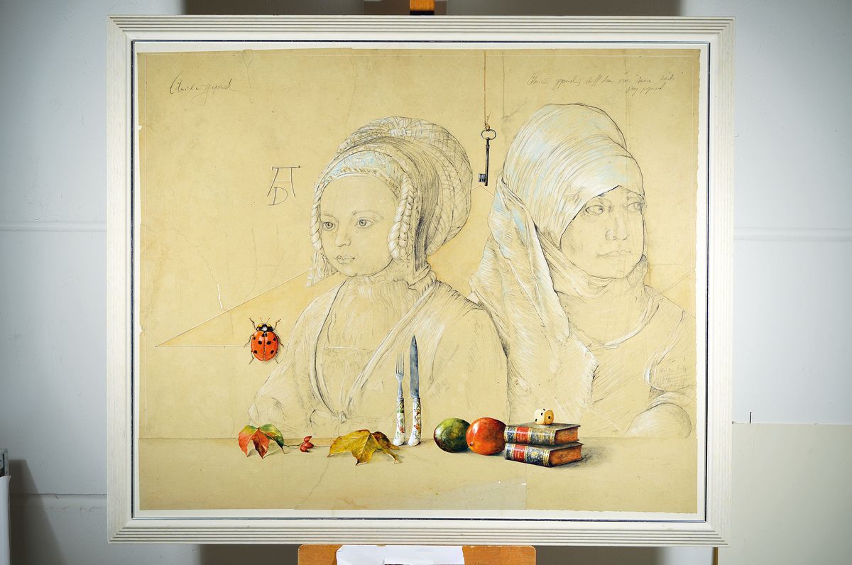 Detail k: Wolfgang Zelmer, geb. 1948, Dürer IV, Mischtechnik auf Papier/Lwd/Holz, verso signiert und bez., 100 x 120 cm, Rahmen