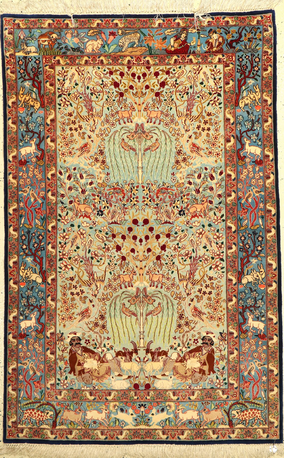 Feiner Esfahan alt, Persien, ca. 40 Jahre, Korkwolle mit und auf Seide, ca. 164 x 107 cm,seltene Farbgestaltung, EHZ: 2, Bildmotiv, Paradies