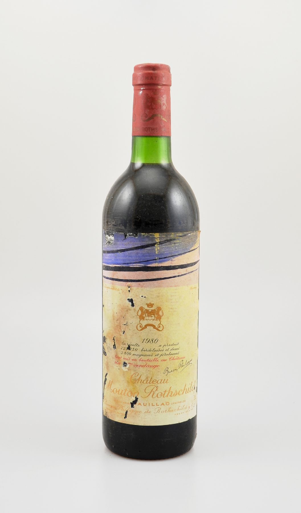 1 Flasche 1980 Chateau Mouton Rothschild, Pauillac, Premier Grand Cru Classe, ca. 75 cl, Füllstand: ca. into neck, Etikett besch. bzw. beschmutzt, ...