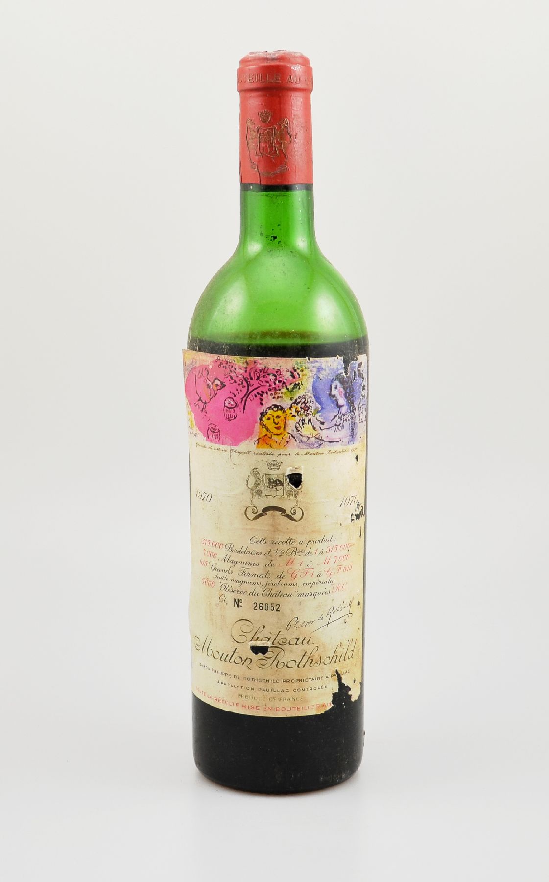 1 Flasche 1970 Chateau Mouton Rothschild, Pauillac, Premier Grand Cru Classe, Füllstand: ca. below shoulder, Etikett besch. bzw. beschmutzt, ...