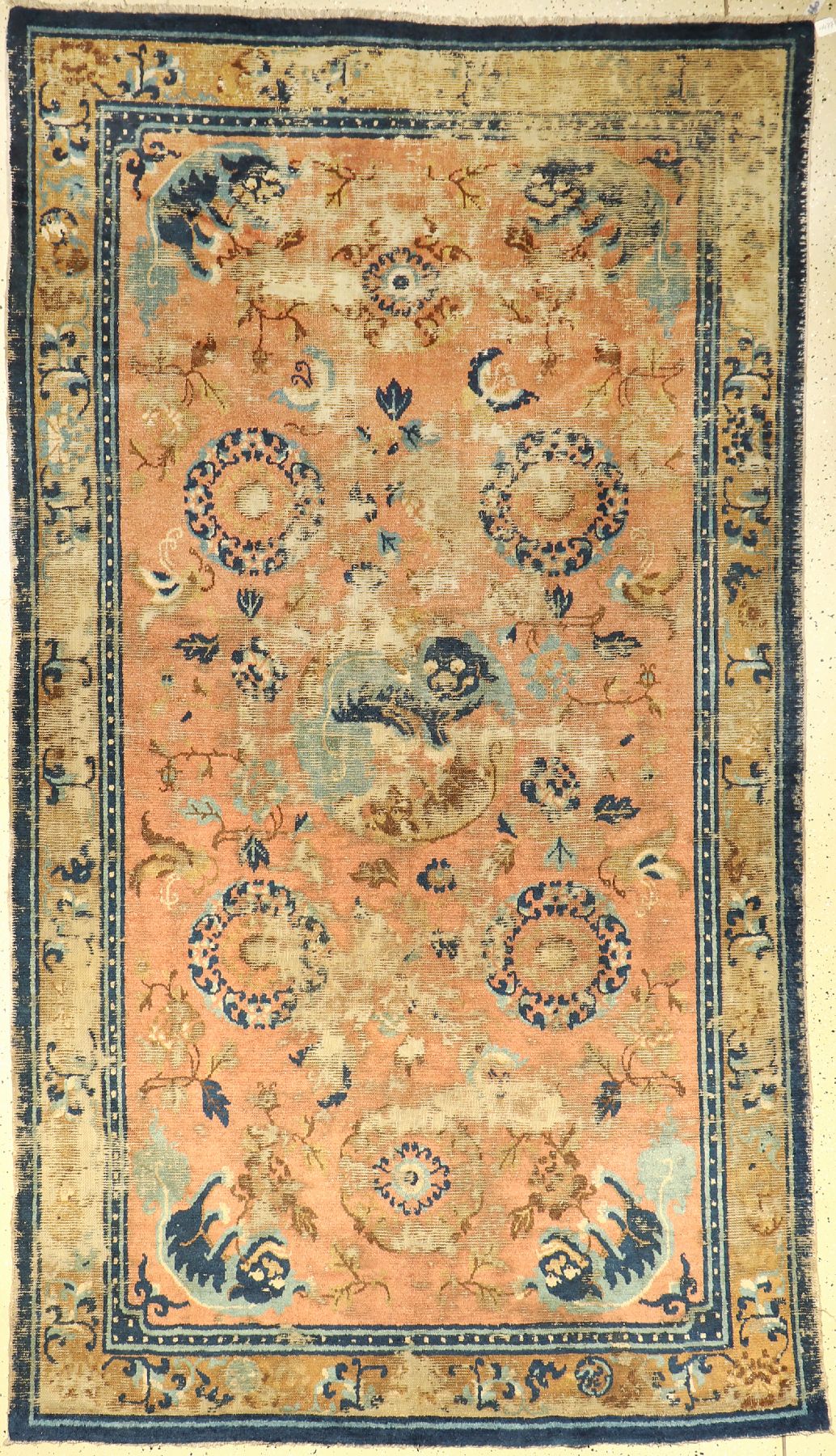 Früher Ning-Hsia antik, China, (Fo-Hunde), 18.Jhd., Wolle auf Baumwolle, ca. 278 x 156 cm, EHZ: 5