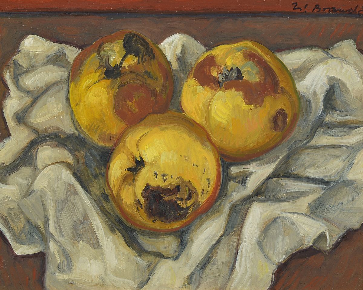 Werner Brand, geb. 1933, Stillleben mit Quitten, Öl/Malkarton, rechts oben signiert, ca. 18x24cm, R. ca. 28x33cm