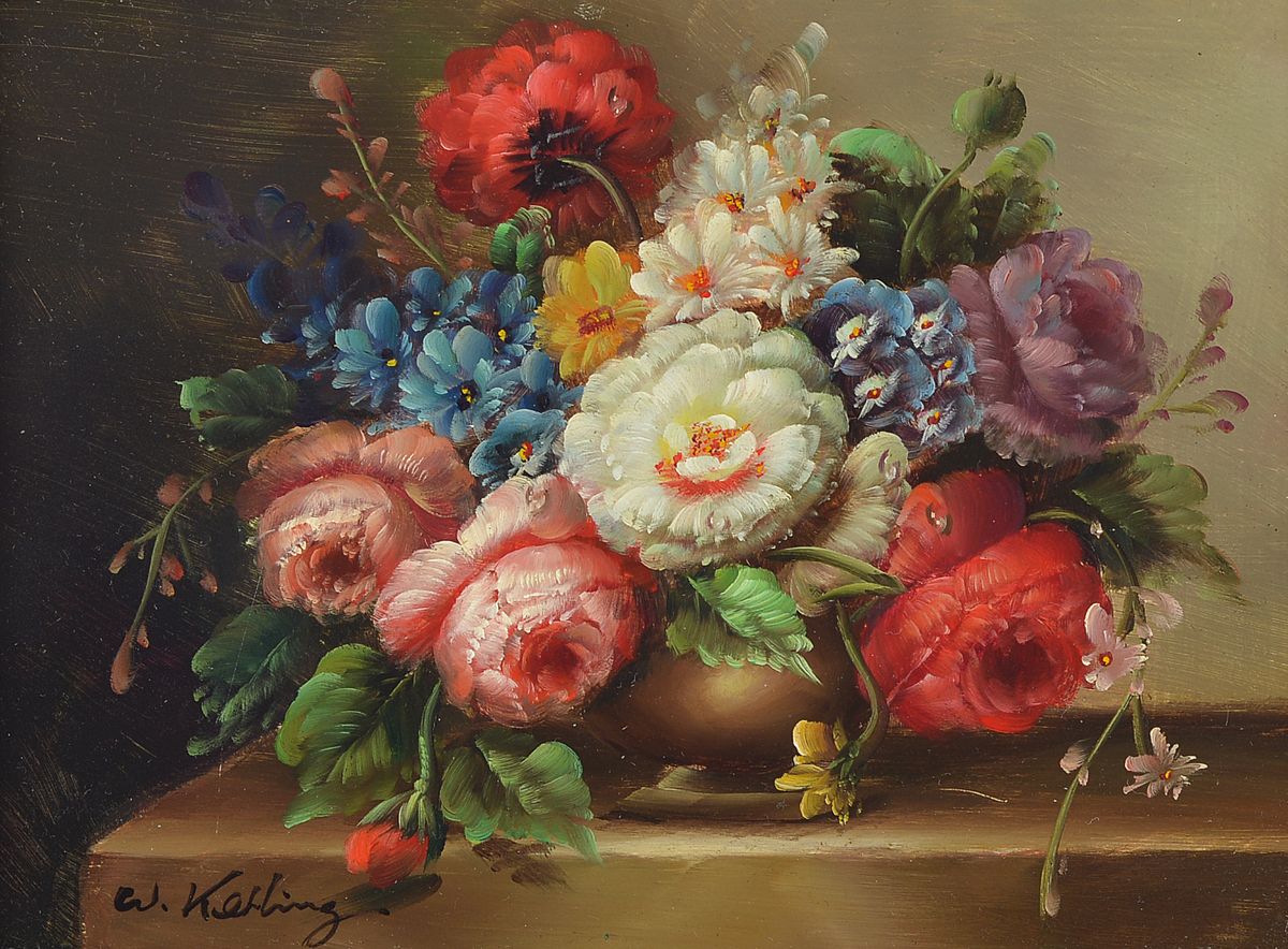 W. Kerling, zeitgenössischer Traditionalist, 2 Blumenstillleben im Stil der alten Meister, Öl/Holz, beide signiert, ca. 18x24cm/28x34cm; ...