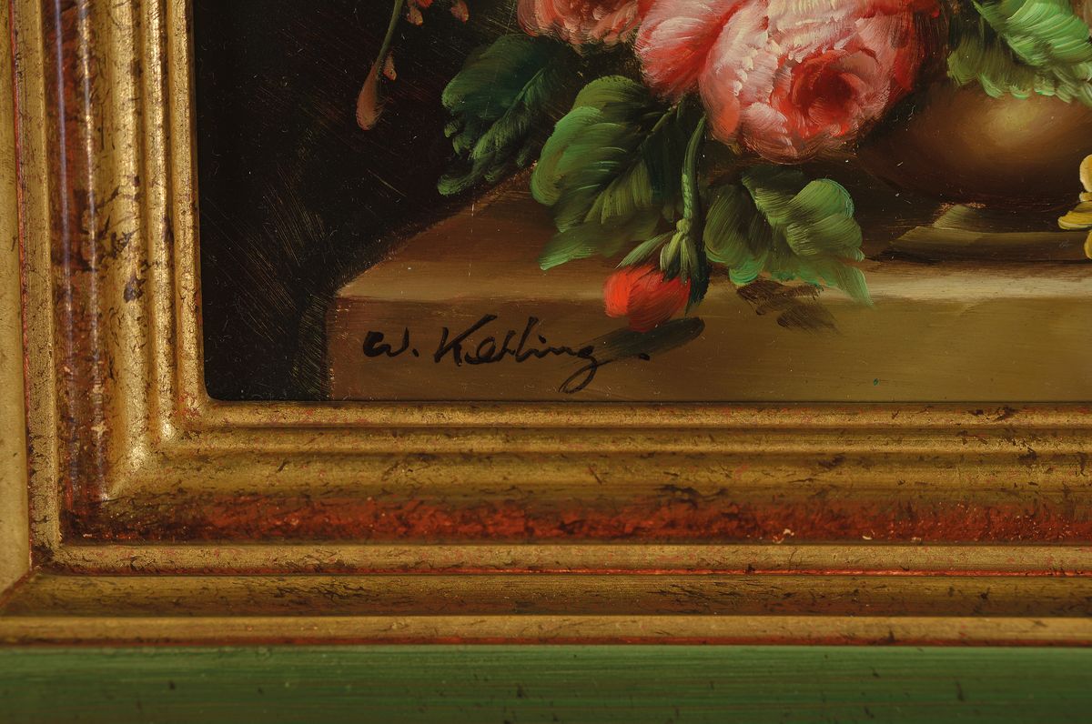 Detail a: W. Kerling, zeitgenössischer Traditionalist, 2 Blumenstillleben im Stil der alten Meister, Öl/Holz, beide signiert, ca. 18x24cm/28x34cm; ...