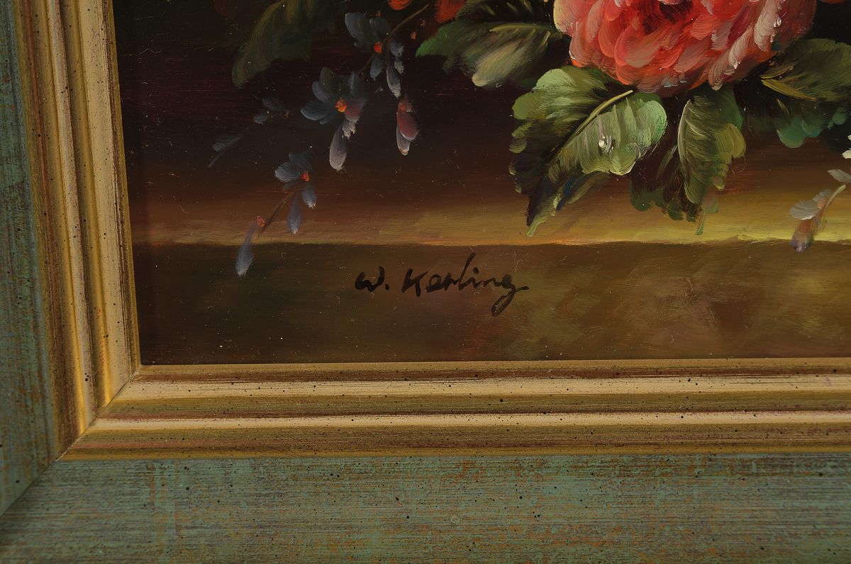 Detail b: W. Kerling, zeitgenössischer Traditionalist, 2 Blumenstillleben im Stil der alten Meister, Öl/Holz, beide signiert, ca. 18x24cm/28x34cm; ...