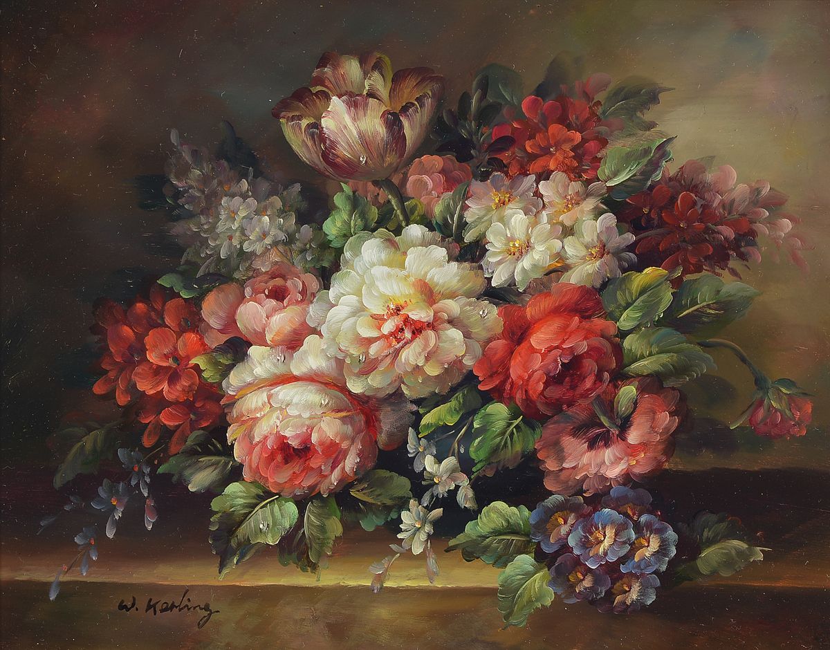 Detail c: W. Kerling, zeitgenössischer Traditionalist, 2 Blumenstillleben im Stil der alten Meister, Öl/Holz, beide signiert, ca. 18x24cm/28x34cm; ...