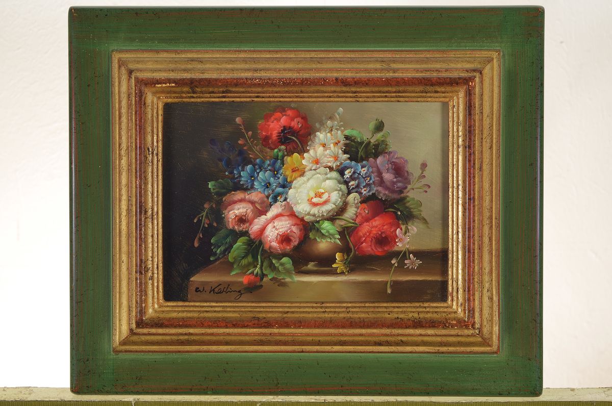 Detail k: W. Kerling, zeitgenössischer Traditionalist, 2 Blumenstillleben im Stil der alten Meister, Öl/Holz, beide signiert, ca. 18x24cm/28x34cm; ...