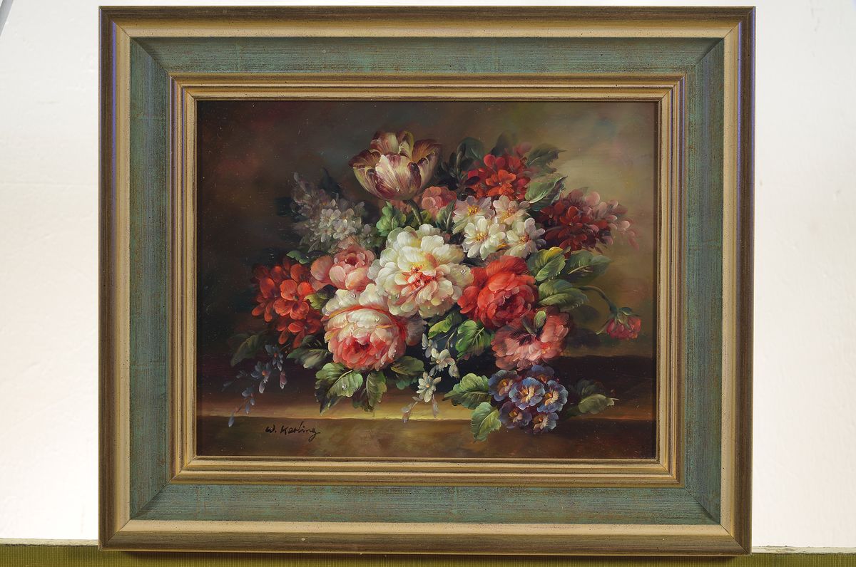 Detail n: W. Kerling, zeitgenössischer Traditionalist, 2 Blumenstillleben im Stil der alten Meister, Öl/Holz, beide signiert, ca. 18x24cm/28x34cm; ...