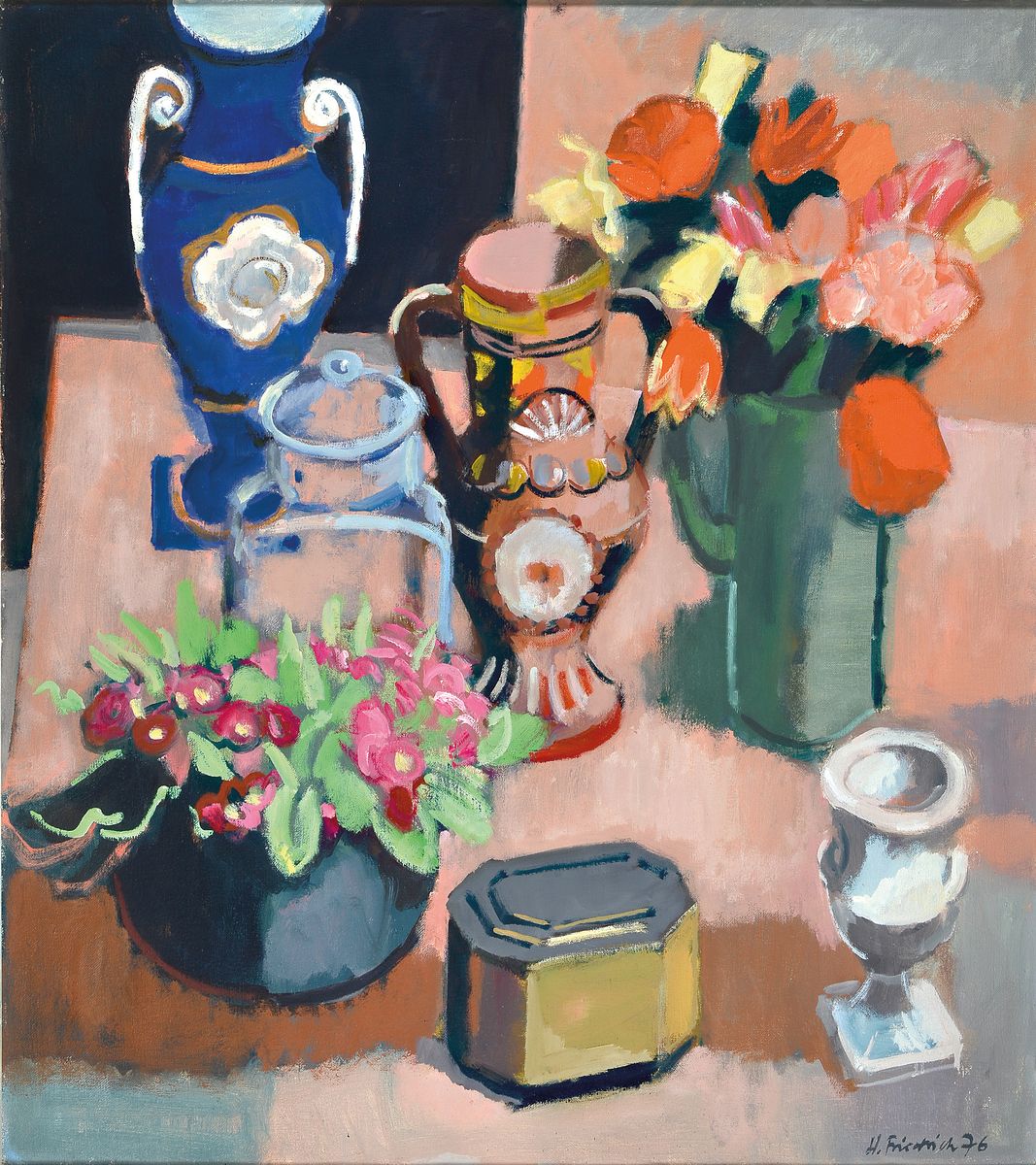 Heinz Friedrich, 1924-2018 Schwetzingen, Stillleben mit Blumen und Vasen, Öl/Lwd, rechts unten signiert und dat. 76 ca. 90x80cm/95x85cm, R.