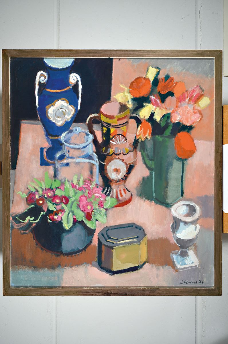 Detail k: Heinz Friedrich, 1924-2018 Schwetzingen, Stillleben mit Blumen und Vasen, Öl/Lwd, rechts unten signiert und dat. 76 ca. 90x80cm/95x85cm, R.