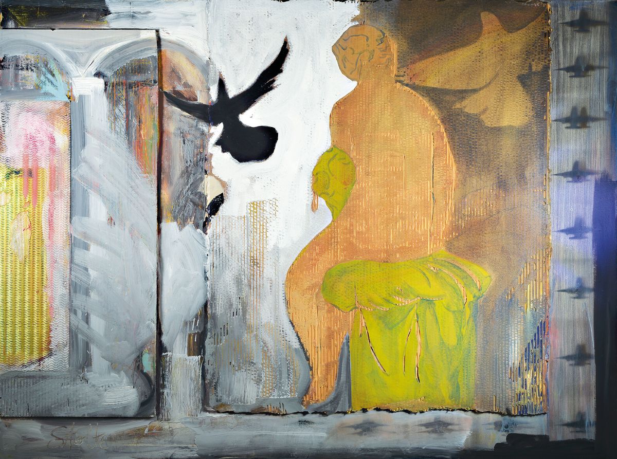 J. Stolte, collage Arbeit auf Karton, links unten sign., Rahmen, gesamt ca. 122x164 cm