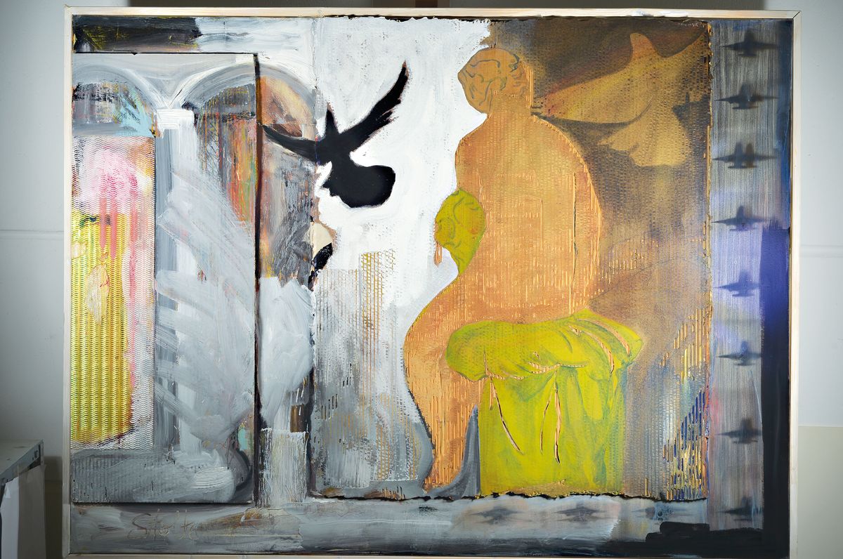 Detail k: J. Stolte, collage Arbeit auf Karton, links unten sign., Rahmen, gesamt ca. 122x164 cm