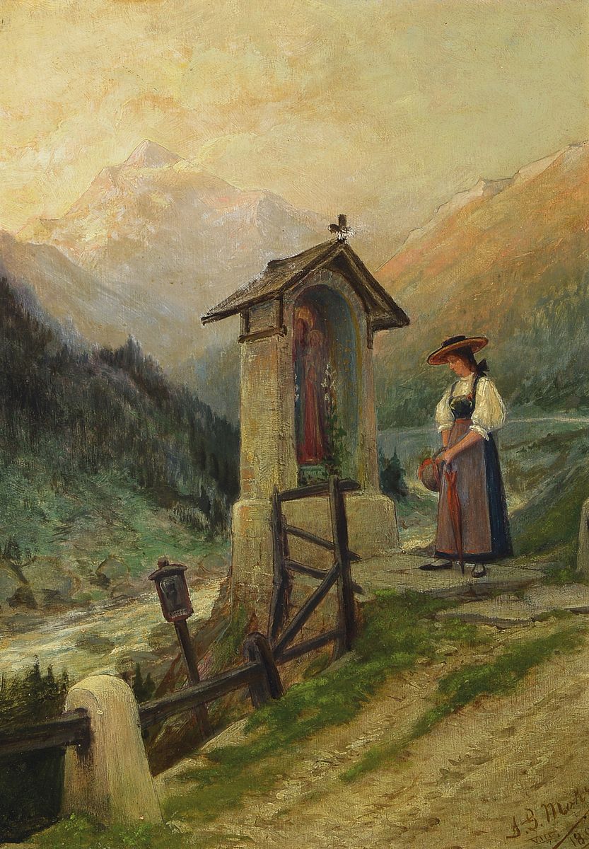 Johann Georg Mohr, 1864-1943, Junge Frau innehaltend vor einem Marterl in den Bergen, Öl/Holz, rechts unten signiert und dat. VIII. 1891, ca. ...