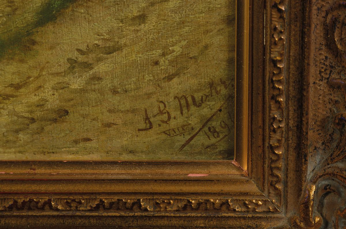 Detail a: Johann Georg Mohr, 1864-1943, Junge Frau innehaltend vor einem Marterl in den Bergen, Öl/Holz, rechts unten signiert und dat. VIII. 1891, ca. ...