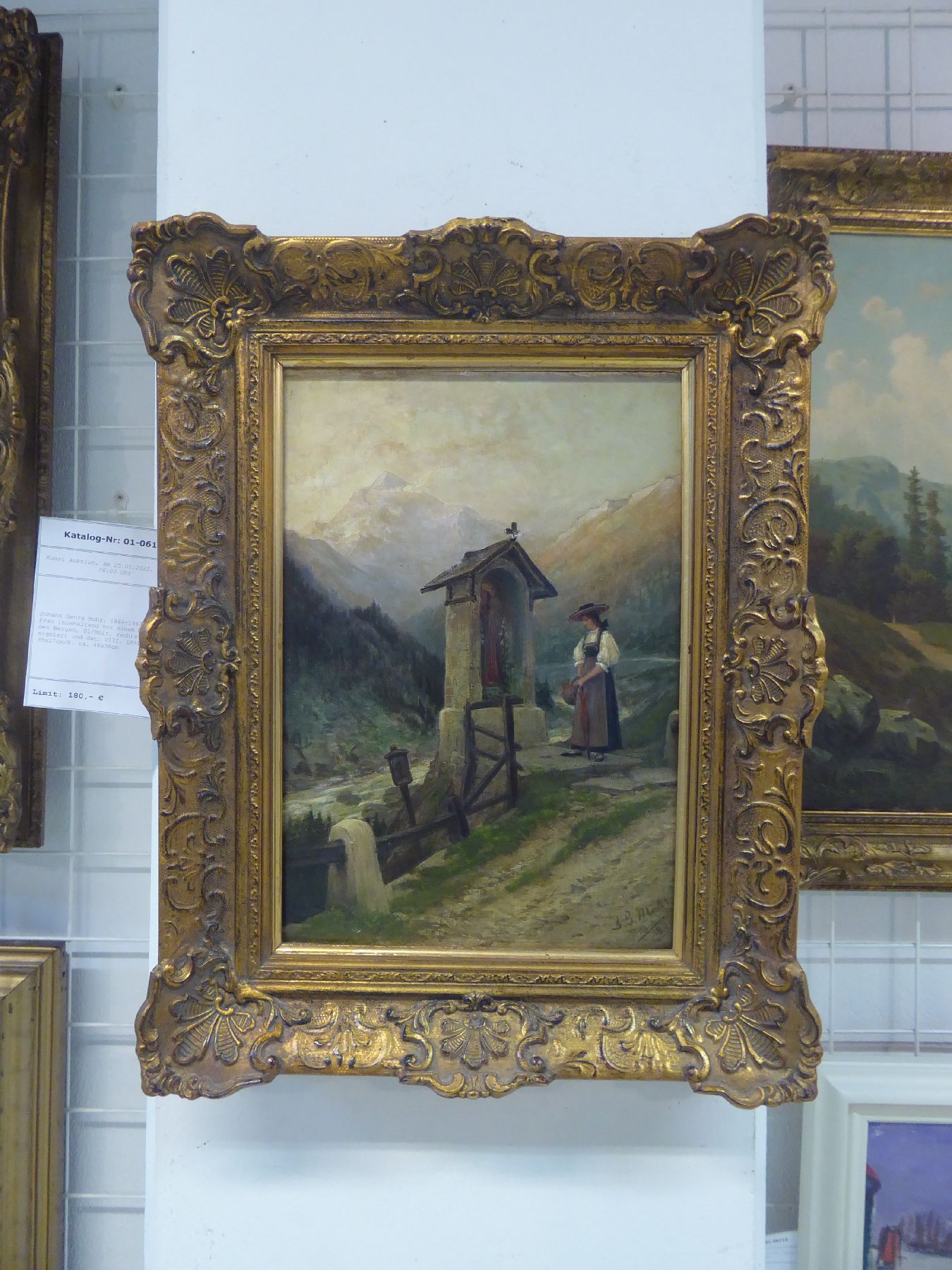 Detail b: Johann Georg Mohr, 1864-1943, Junge Frau innehaltend vor einem Marterl in den Bergen, Öl/Holz, rechts unten signiert und dat. VIII. 1891, ca. ...