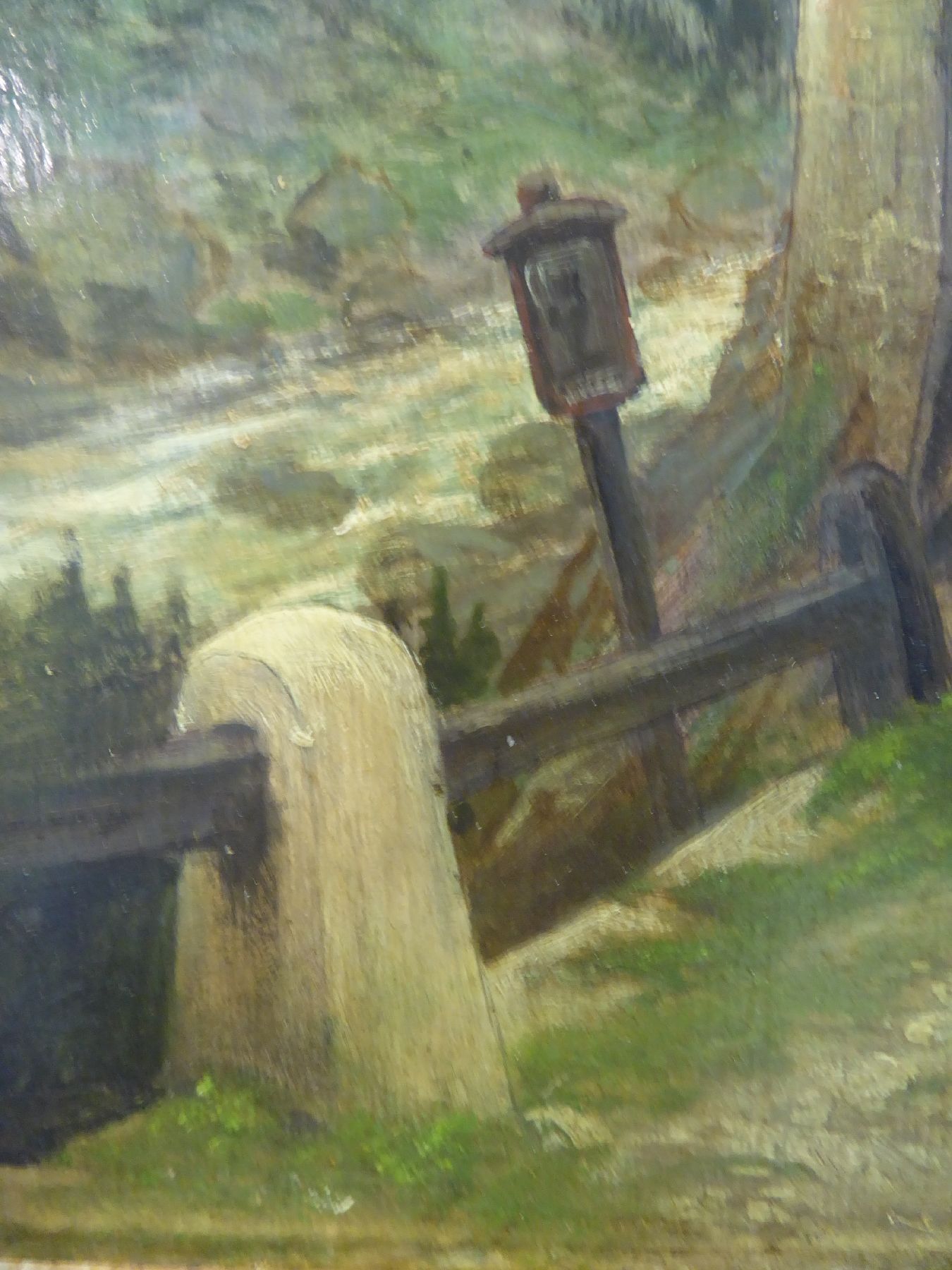 Detail d: Johann Georg Mohr, 1864-1943, Junge Frau innehaltend vor einem Marterl in den Bergen, Öl/Holz, rechts unten signiert und dat. VIII. 1891, ca. ...