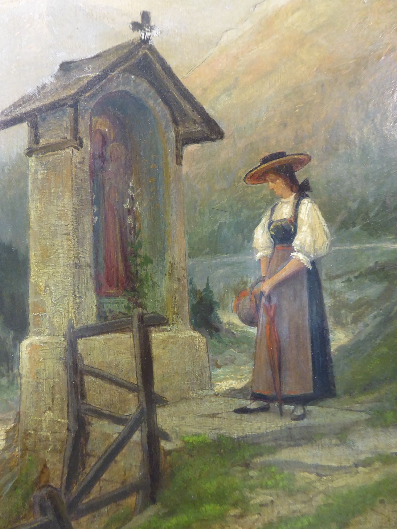 Detail e: Johann Georg Mohr, 1864-1943, Junge Frau innehaltend vor einem Marterl in den Bergen, Öl/Holz, rechts unten signiert und dat. VIII. 1891, ca. ...