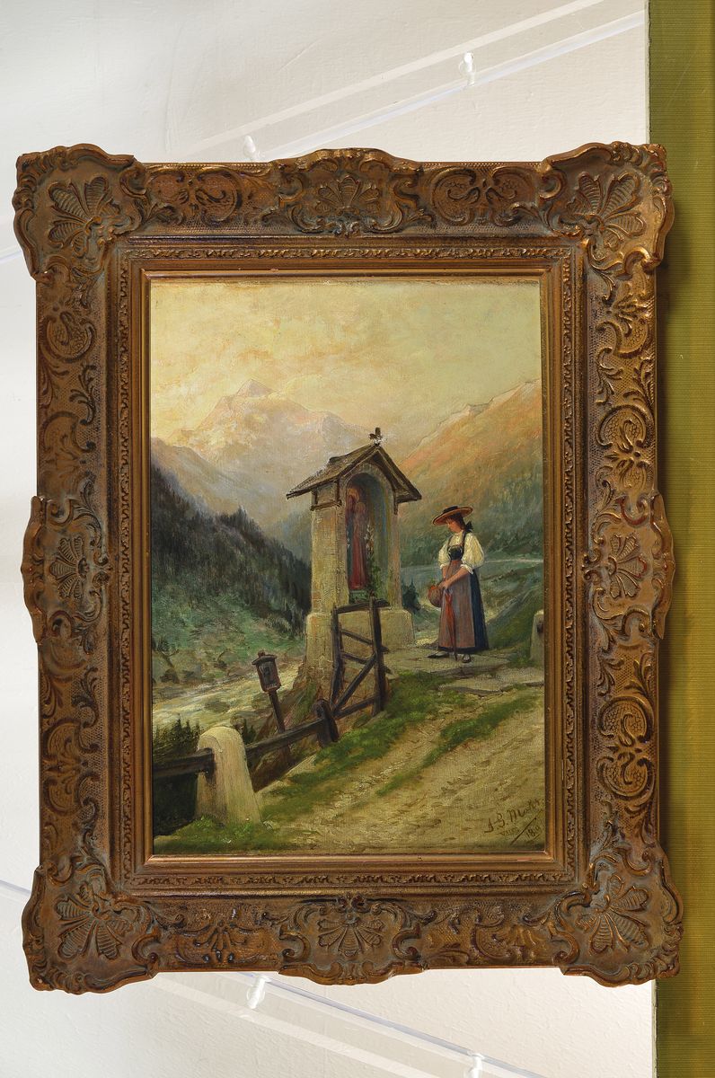 Detail k: Johann Georg Mohr, 1864-1943, Junge Frau innehaltend vor einem Marterl in den Bergen, Öl/Holz, rechts unten signiert und dat. VIII. 1891, ca. ...