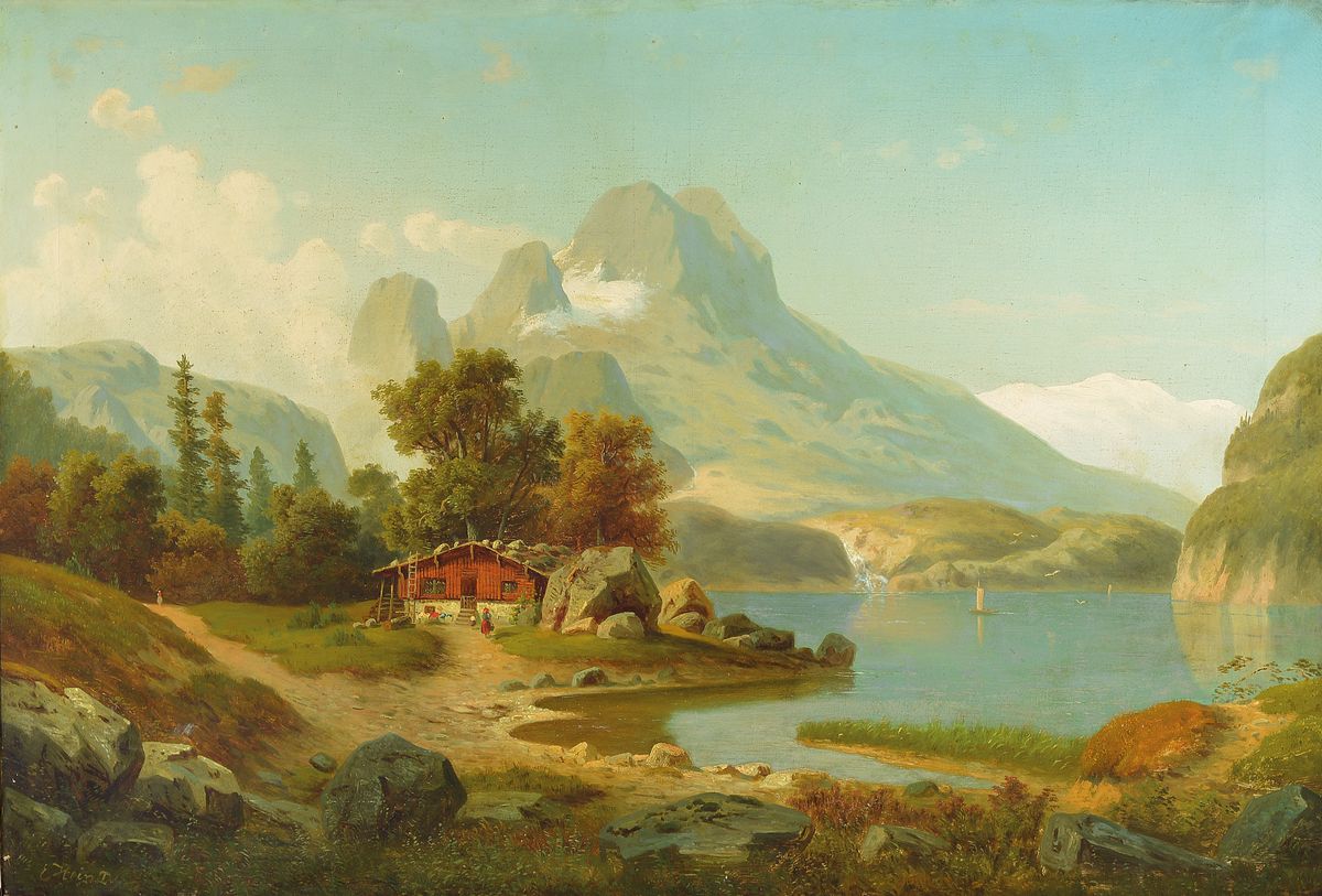 Eduard Hein, 1854-1918, Bauernhaus am Ufer eines Gebirgsees, Öl/Lwd rechts unten sign. E. Hein D., ca. 65x95cm, ca. 8cm breiter Stuckrahmen, ...