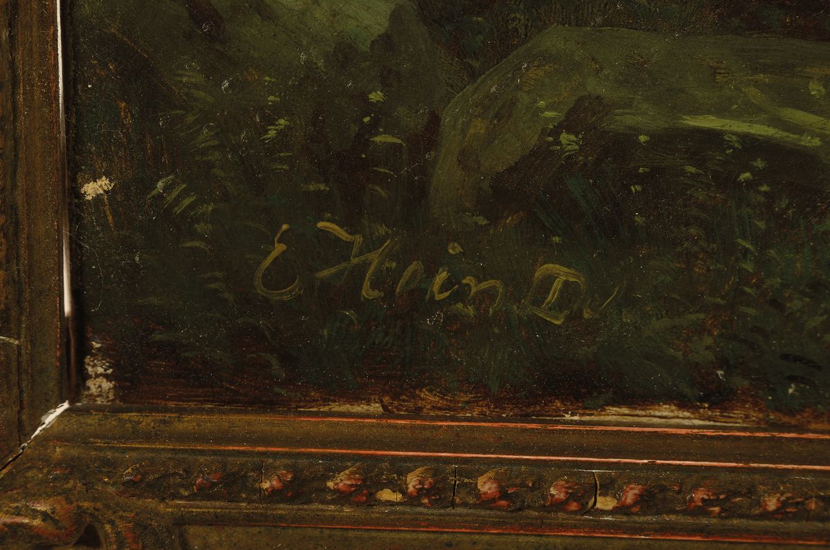 Detail a: Eduard Hein, 1854-1918, Bauernhaus am Ufer eines Gebirgsees, Öl/Lwd rechts unten sign. E. Hein D., ca. 65x95cm, ca. 8cm breiter Stuckrahmen, ...