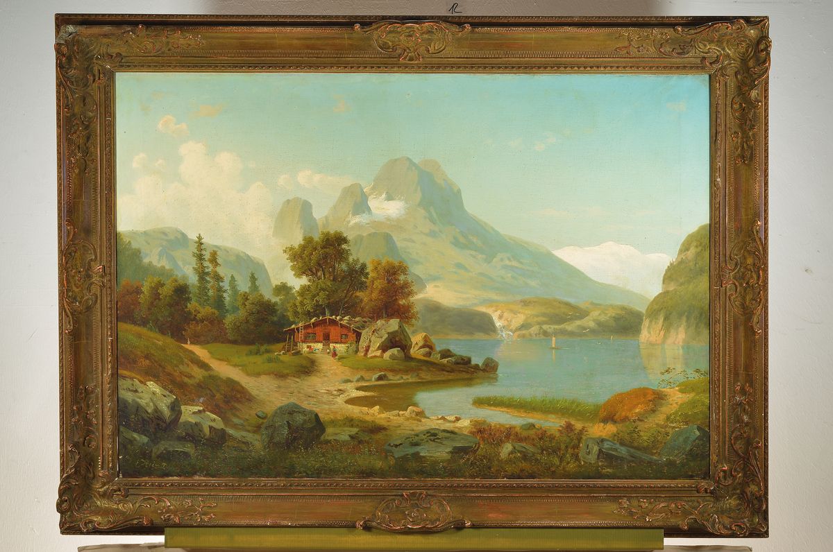 Detail k: Eduard Hein, 1854-1918, Bauernhaus am Ufer eines Gebirgsees, Öl/Lwd rechts unten sign. E. Hein D., ca. 65x95cm, ca. 8cm breiter Stuckrahmen, ...