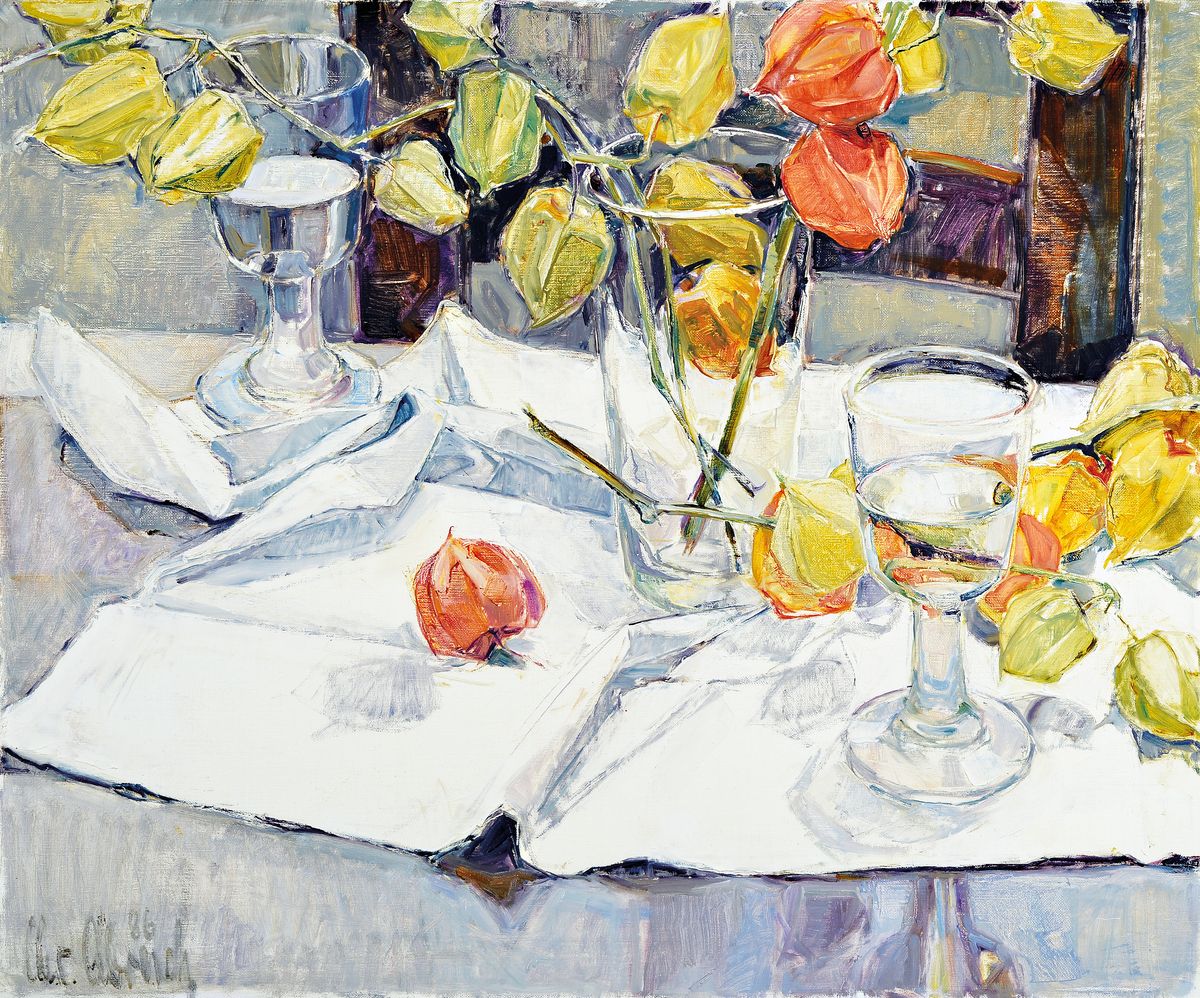 Christel Abresch, 1931 Sulzbach-2011 Neustadt a.d. Weinstraße, Stillleben mit Gläsern und Lampionblumen, Öl/Lwd, links unten signiert und dat. 86, ...