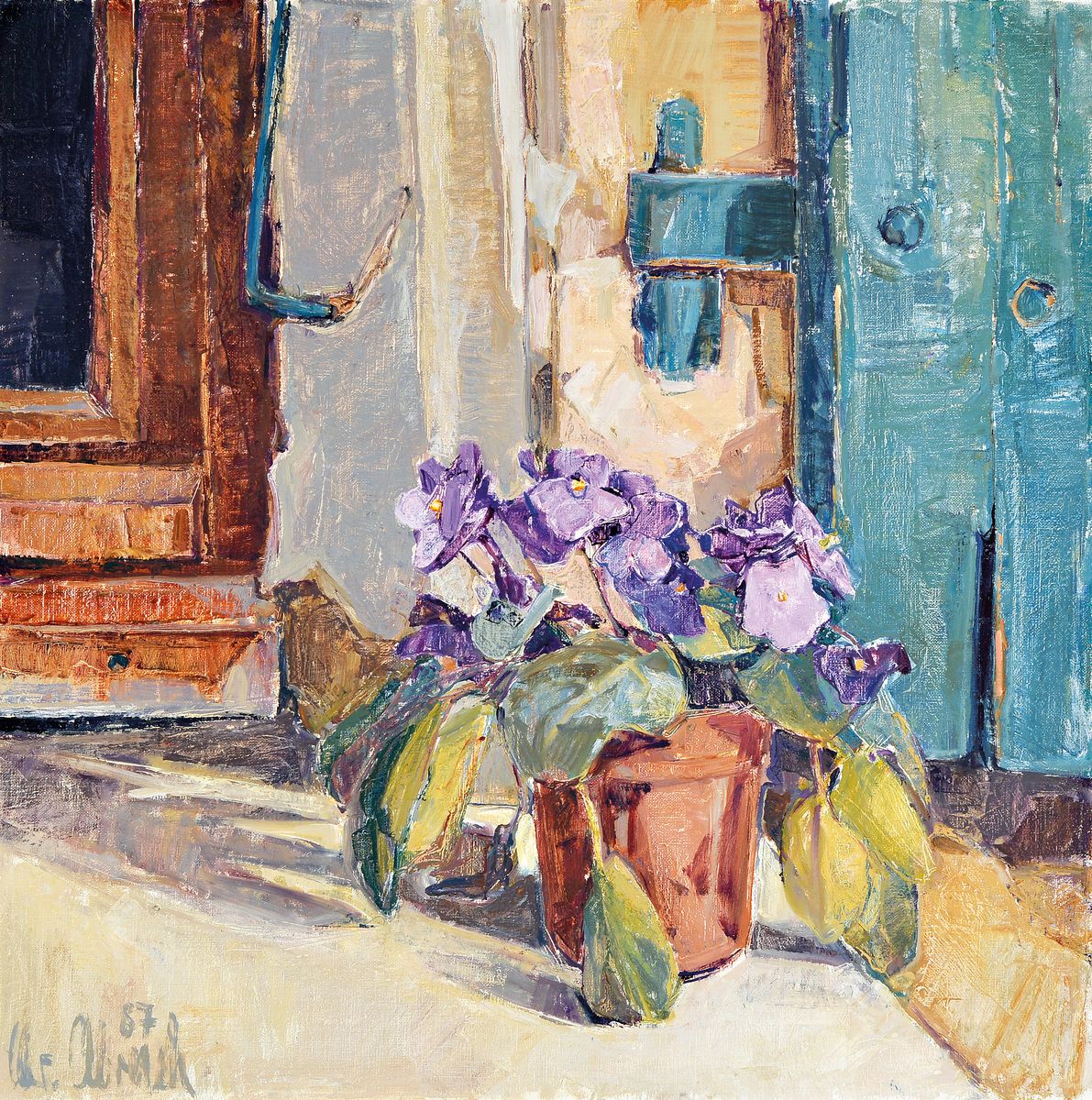 Christel Abresch, 1931 Sulzbach-2011 Neustadt a.d. Weinstraße, Stillleben mit Veilchen, Öl/Lwd, links unten signiert und dat. 87, ca. 50x50cm